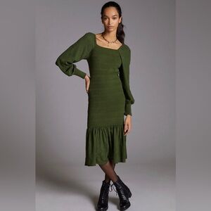 Anthropologie Green Puff-Sleeved Midi Dress